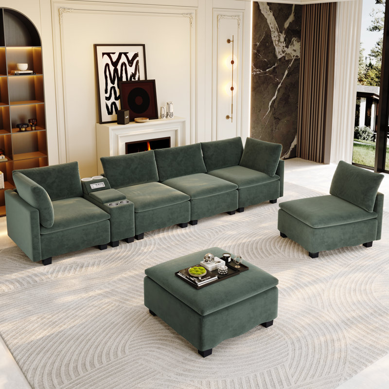Canapé modulaire en nuage de 121 po de large avec console intelligente, canapé-lit convertible en forme de U avec haut-parleur Bluetooth, ports USB / Type-C, rangement caché et 6 coussins décoratifs