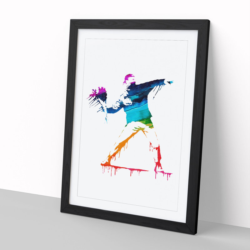 Banksy Flower Thrower - Framed Print, 90cm H x 65cm W x 2cm D, Black