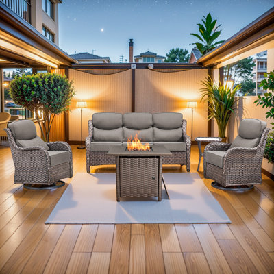 Patio Resin Wicker Furniture Set With Fire Pit Table, PE Rattan Swivel Patio Chairs With Propane Fire Pit Table, Brown Wicker 5PCS Patio Conversation Set