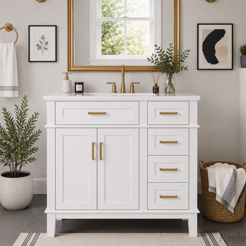 Meuble-lavabo de 91 cm avec lavabo en céramique, Blanc