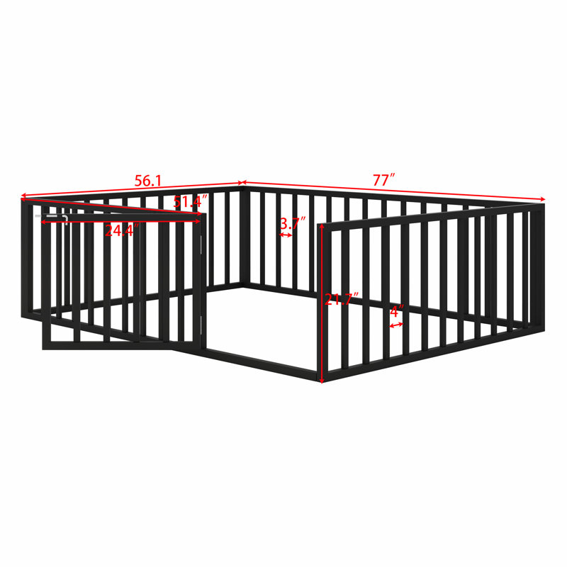Floor Bed Frame With Fence And Door, Black