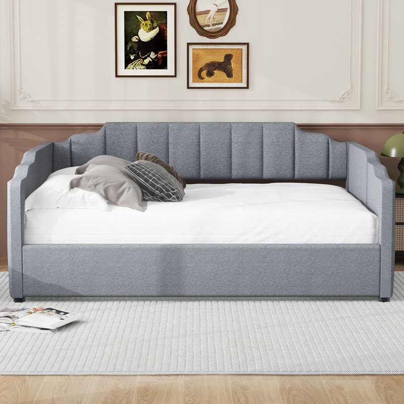 Lit de jour rembourré avec rangement inférieur, double, gris, gris, Complète