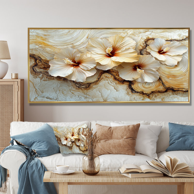Citronnelle, fleurs d'hibiscus sur fond de marbre crème - art mural hibiscus, H 28 po x l 60 po, Doré