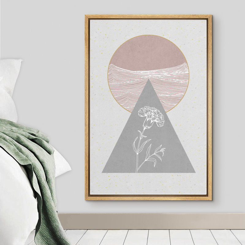 «Signature», reproduction d'art sur toile encadrée, duo rose et gris à motif de fleurs avec silhouette de plantes abstraites, art moderne moderne Mid-Century pour le salon, la chambre à coucher, le bureau