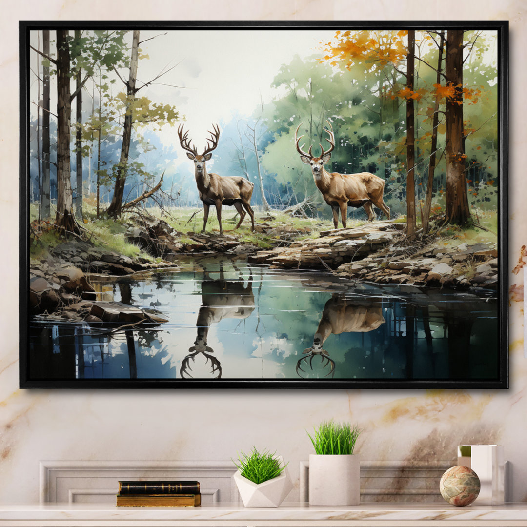 Deer Majestic Reflections - Deer Framed Canvas Print Wall Art Millwood Pines