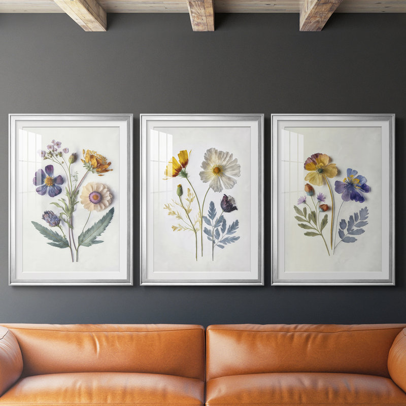 Pressed Flower Memories I - Impression personnalisée de qualité supérieure avec cadre mat - 3 pièces, Argent argent