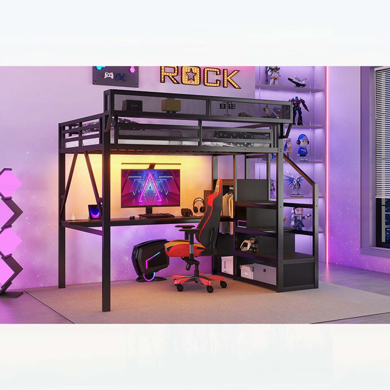 Lit mezzanine double en métal avec bureau, station de charge et escalier, idéal pour les enfants et les adolescents, conception compacte, durable et élégante