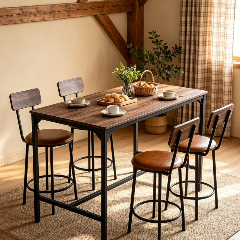 Ensemble de table de bar 5 pièces Table de pub rectangulaire avec 4 tabourets, coin-repas en bois avec rebords arrondis, ensemble de bar de cuisine peu encombrant pour le salon, la salle à manger et l’appartement