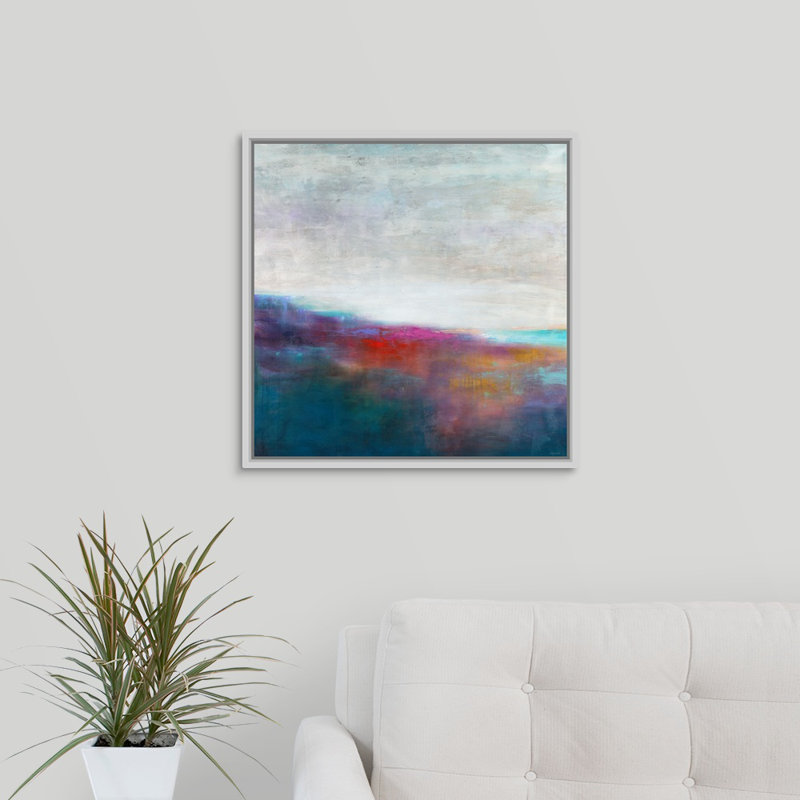 « turquoise aube », peinture sur toile, H 21,7 po x l 21,7 po x P 1,75 po, Cadre flottant blanc