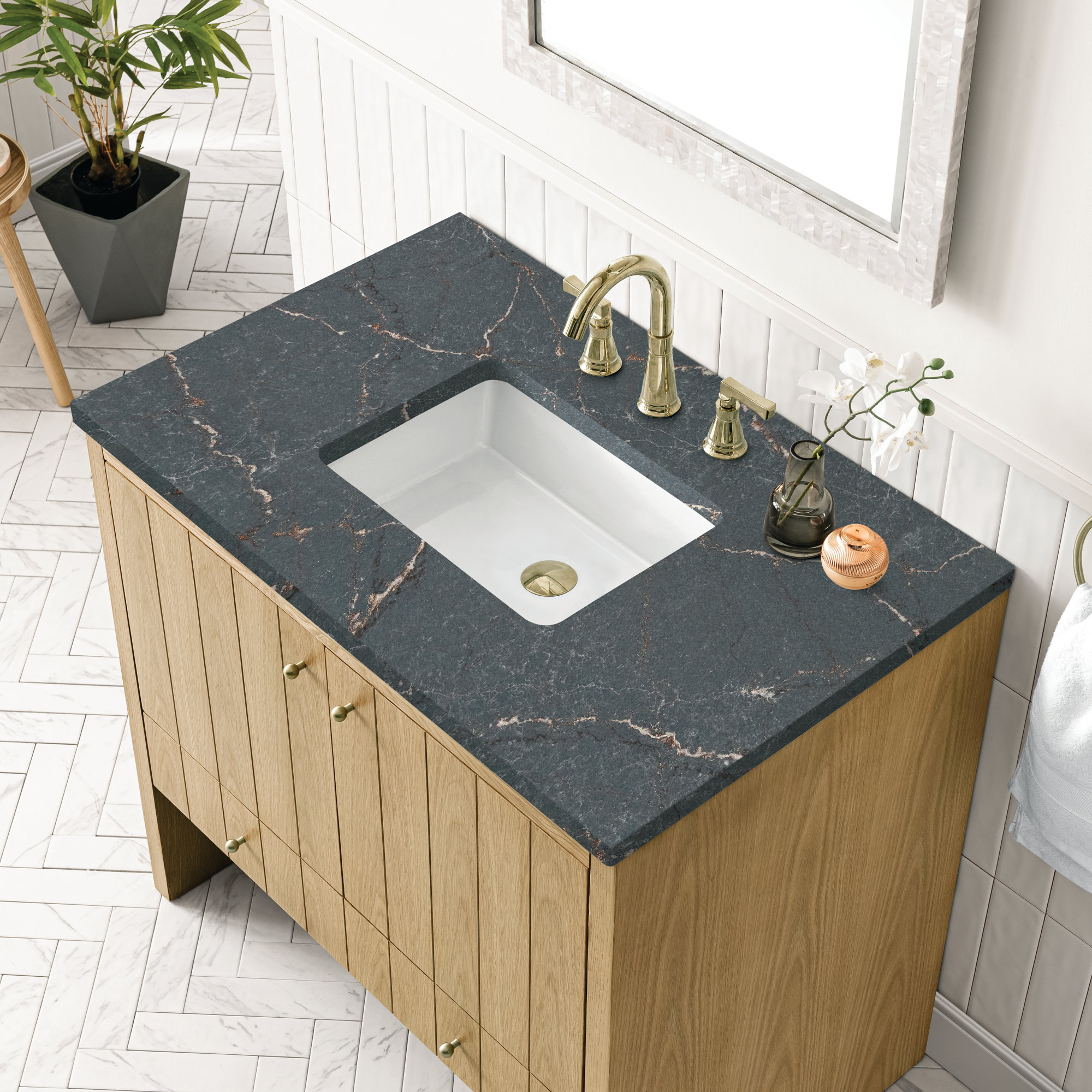 Hudson 36'' Single Bathroom Vanity, Parisien Bleu, Light Natural Oak, 8" Widespread