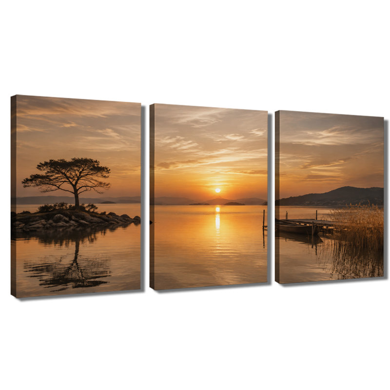3‑panel wall art Sunset Lake Boat Dock Tree Landscape Wrapped Canvas Print, 20*30inch*3