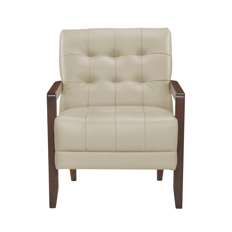 Chaise d'appoint de style moderne en cuir beige avec revêtement capitonné et détails en noyer, Beige