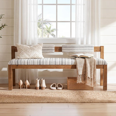 55" Upholstered Kitchen Bench with Backrest,Wood Dining Bench Seat for Family Meals