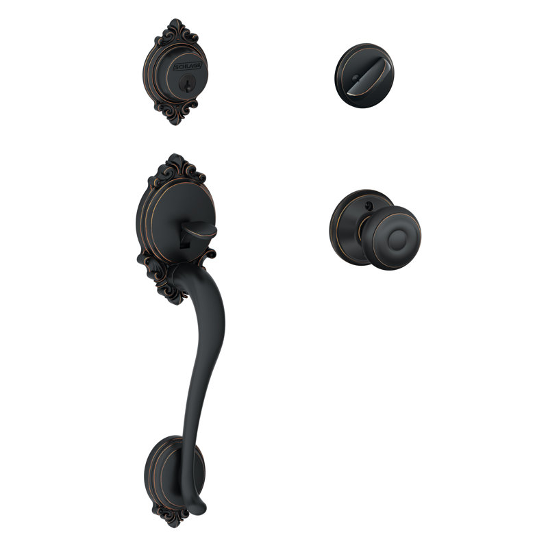Brookshire Handleset with Single Cylinder Deadbolt and Georgian Door Knob and Rosette, Yes, Aged Bronze, Keyed Alike