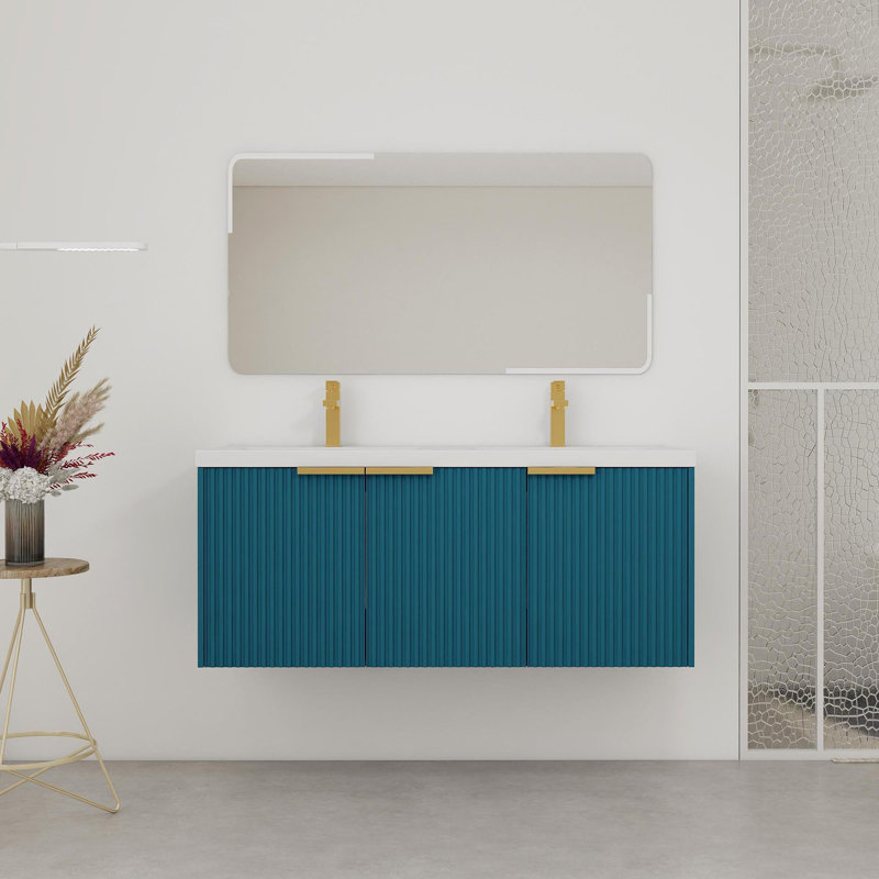 48" Wall Mounted Bathroom Vanity with Resin Double Sink & 3 Soft-Close Doors, Lake Blue/Gold