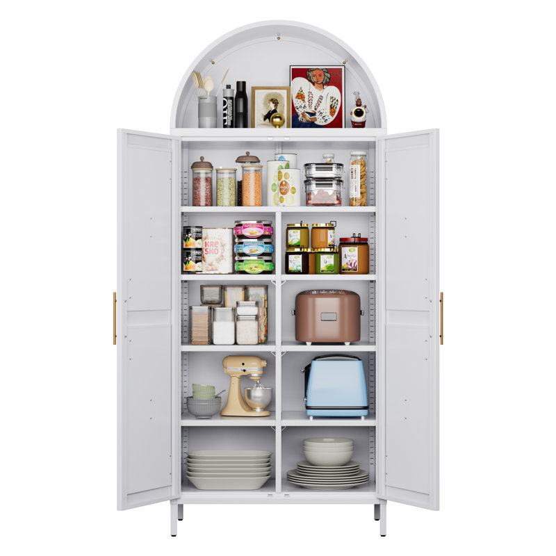 Grand garde-manger, armoire de rangement arquée avec portes et tablettes réglables, armoire autoportante blanche pour la lessive, salle à manger, salon, salle de bain