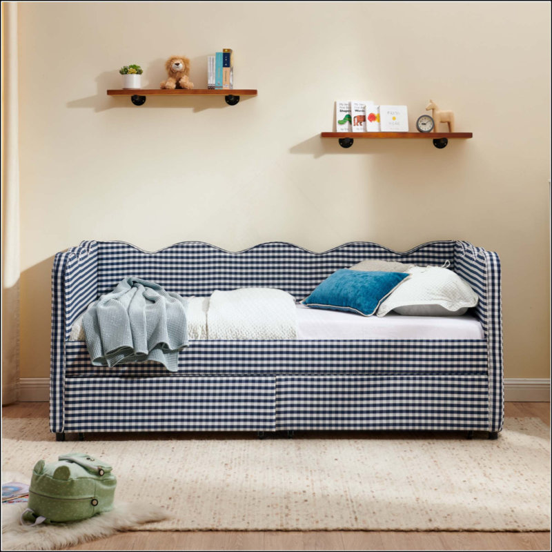 Cozy Gingham Daybed With Two Storage Drawers, With USB Port And Adorable Wave Shaped, Linen Fabric, Twin, Navy