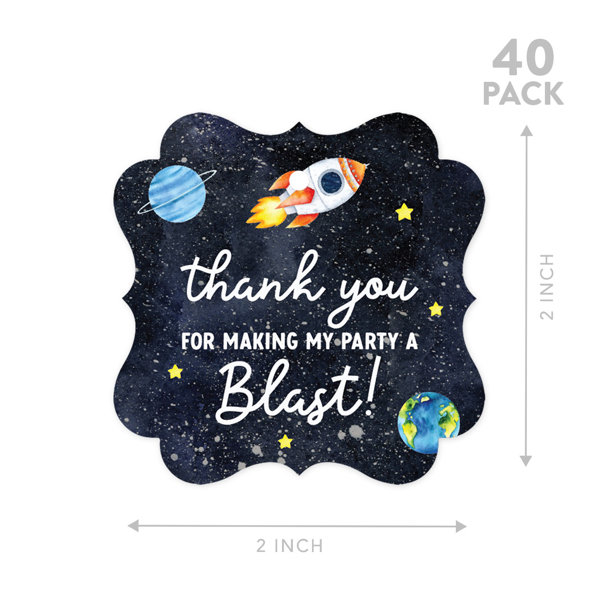 Andaz Press Fancy Frame Kids Party Favor Thank You Tags with String, Outer Space Astronaut Birthday Gift Tags, White