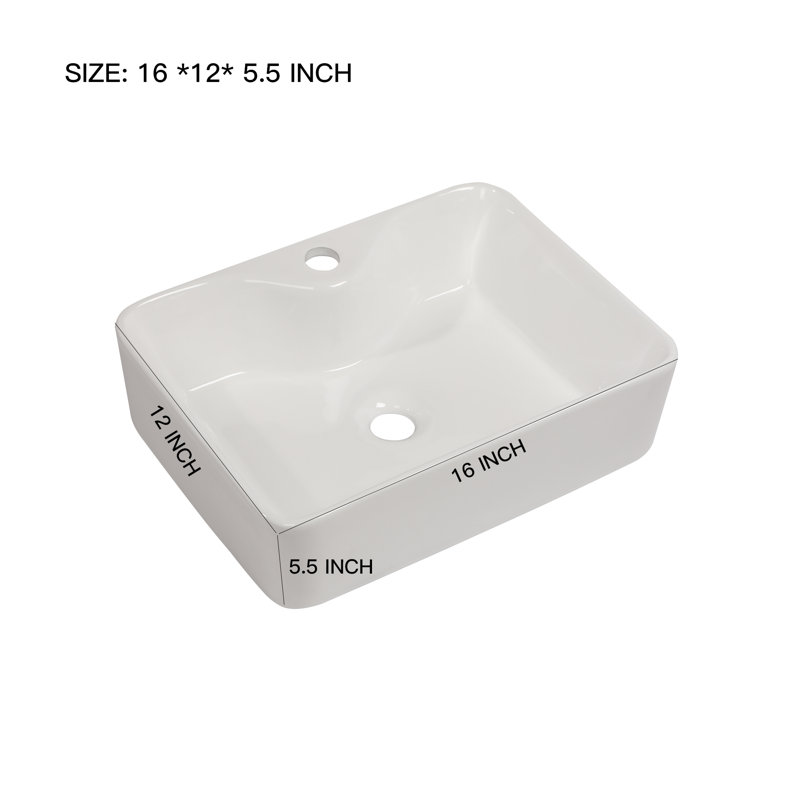 16" L x 12" W Bathroom Vessel Sink White Ceramic Bathroom Sink Rectangular Above Counter Sink with Faucet Hole