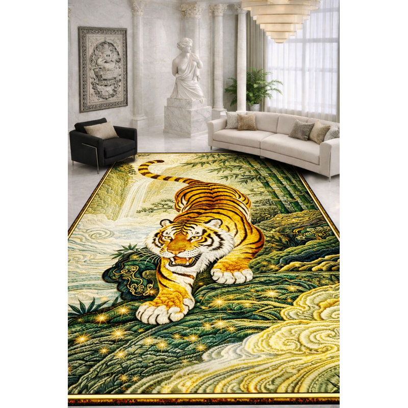Tapis vert lavable à imprimé tigre Mosso, 2'4" x 3'11"