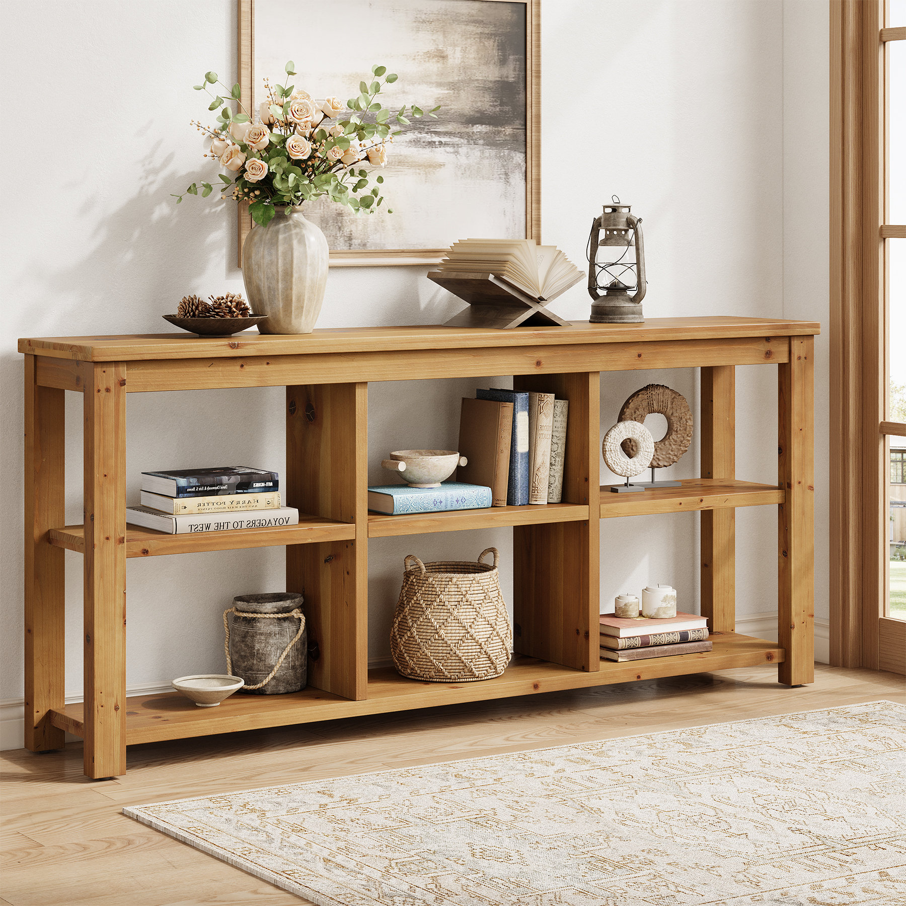 Winston Porter 63-Inch Solid Wood Console Table With 6 Storage Cubes ...