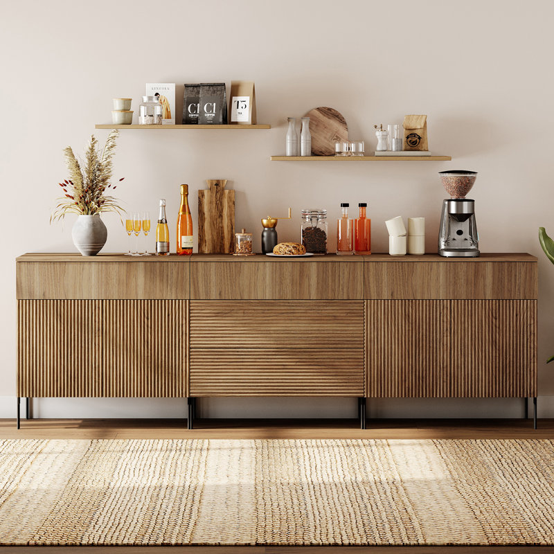 94.5" Modern Reeded Minimalist Sideboard With Doors And Drawers, 3-In-1 Wooden Credenza Storage Cabinet For Kitchen, Dining Room