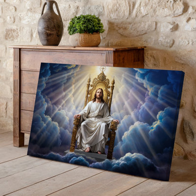 Toile, une majestueuse figure assise sur un trône doré orné, art mural drapé dans des robes blanches qui scintillent avec une douce lueur pour l'art mural sur toile