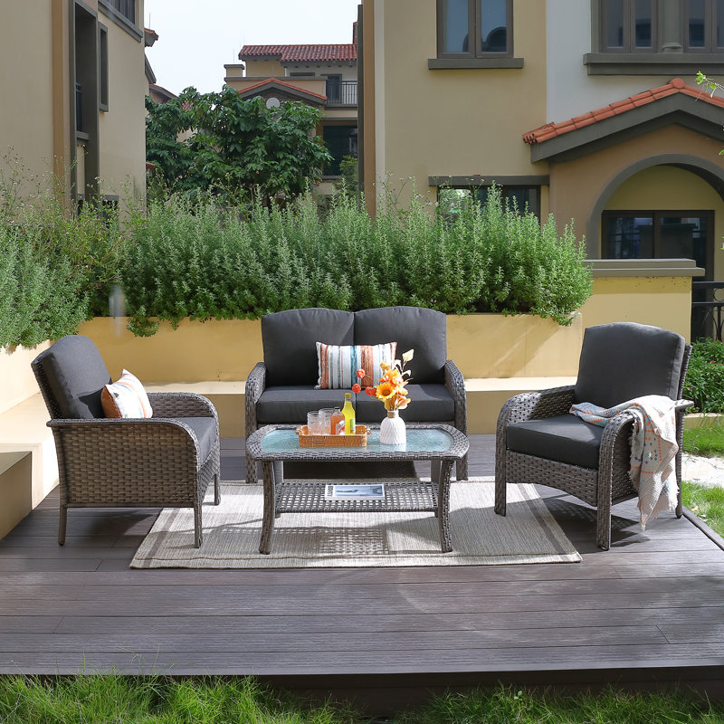 Kanijah Premium All-Weather Wicker 4 - Person Patio Conversation Set with Cushions, Gray, Black