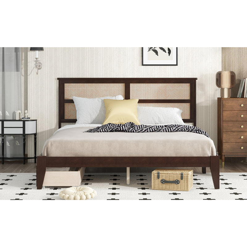 Bed with Rattan Headboard, Espresso, King