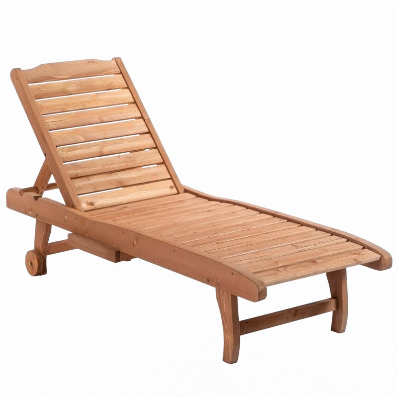 Outsunny Outdoor Chaise Lounge Pool Chair, Built-In Table, Reclining Backrest For Sun Tanning/Sunbathing, Rolling Wheels, Red Wood Look
