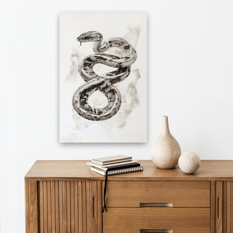 Coiled Serpent Drawing Dramatic Elegant Realistic Snake Wildlife Wall Art Print 1 Piece Wrapped Canvas Wall Art