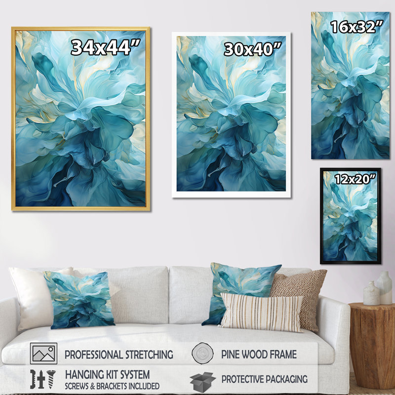 Aqua Blue and White Abstract Canvas Print with Gold Frame
