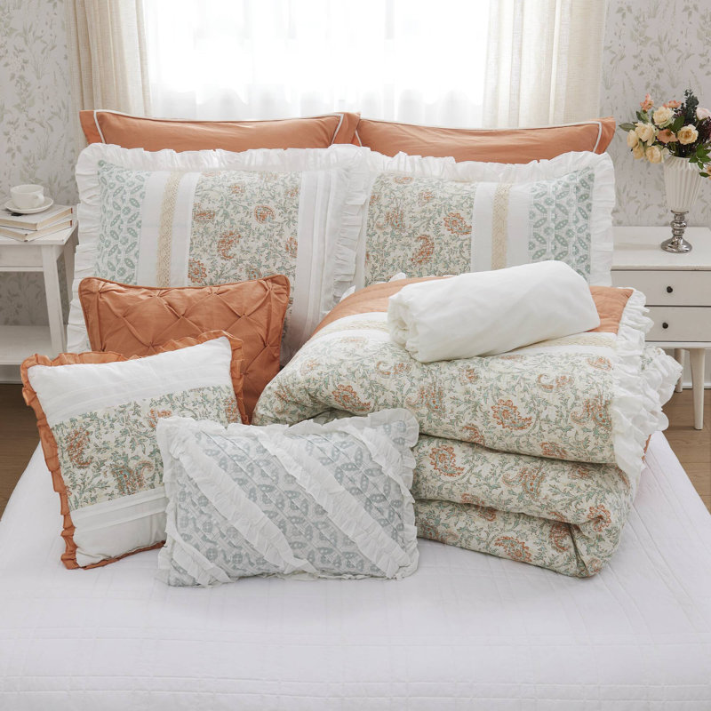 Ensemble d'édredon en percale de coton 9 pièces Coral Queen, Corail