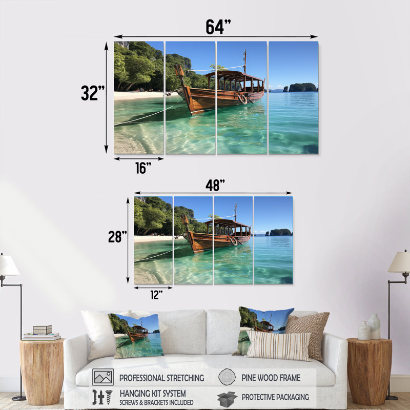 Bateau à Krabis White Sands Paradise II - plage côtière, art mural 4 pièces pour le salon, H 32 po x l 64 po