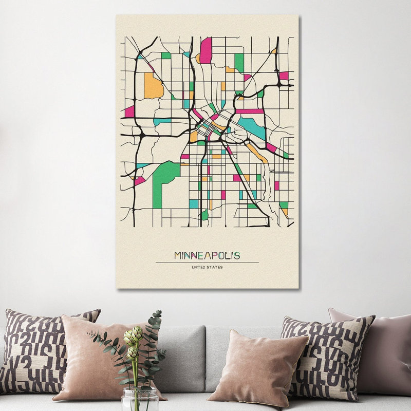 Carte de Minneapolis, Minnesota par Ayse Deniz Akerman - Giclée sur toile tendue avec châssis, H 60 po x l 40po x P 1,5 po
