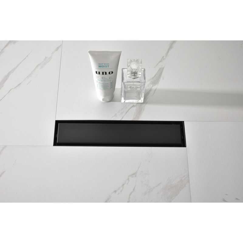 Drain de douche linéaire de 12 pouces avec couvercle plat amovible et bride, acier inoxydable, avec crépine et pieds de nivellement, noir mat