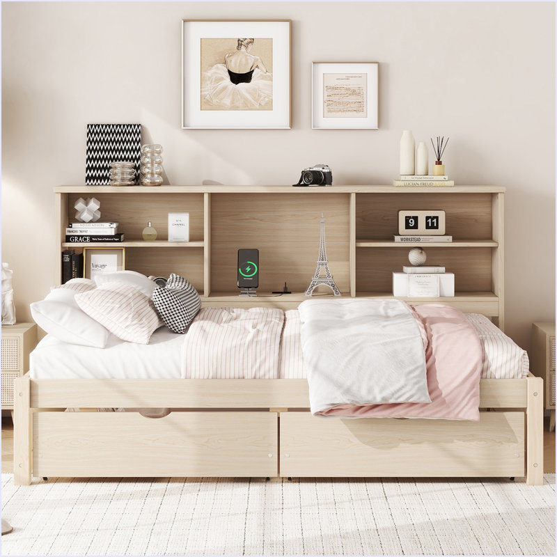 Bed Frame With Side Bookshelves, Two Drawers, And Built-In USB Port, Natural