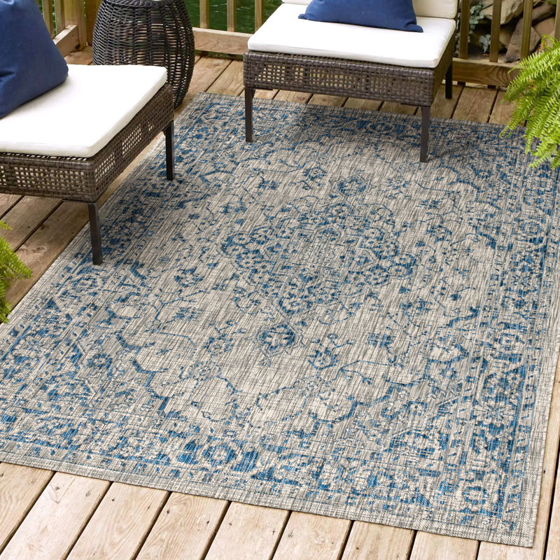 Tapis d'intérieur / extérieur gris / bleu marine Nate Boho, Rectangle 9 pi x 12 pi