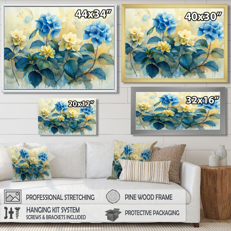 Jardin jaune et bleu, Hortensia II - Hortensia, art mural salon, Encadrement argenté, H 34 po x l 44 po