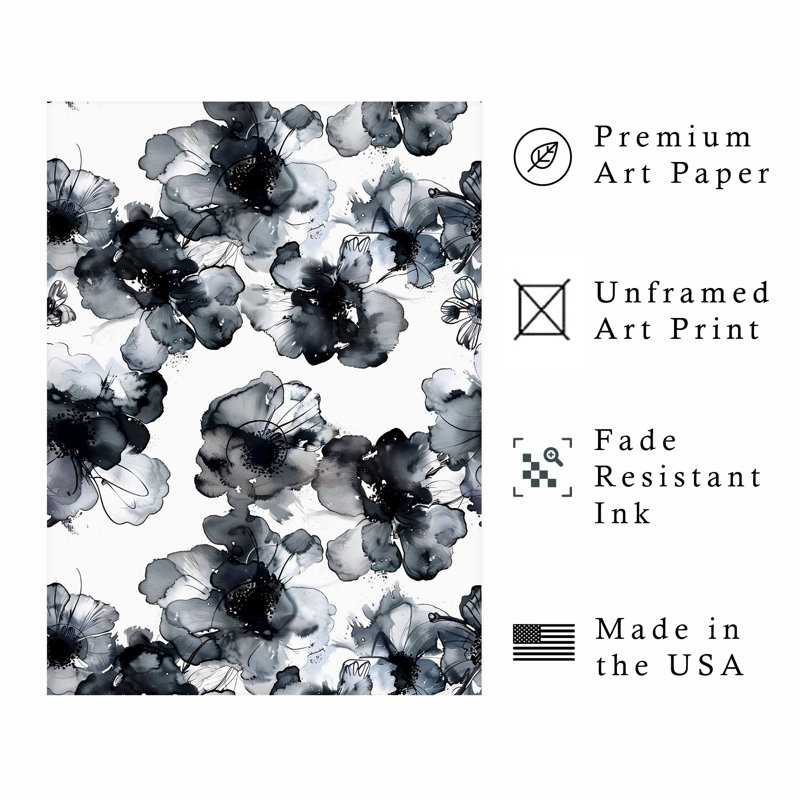 Impression florale moderne en noir et blanc, H 30 po x l 20 po