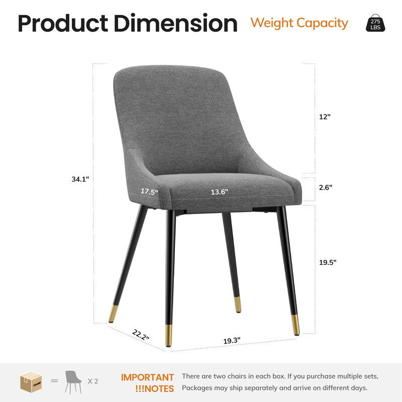 Modern Fabric Upholstered Dining Chairs with Ergonomic Backrest, Golden Metal Legs, Light Gray