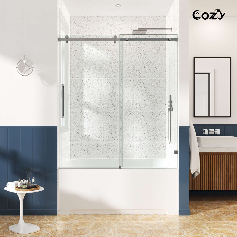 68-73" W x 60" H Frameless Single Sliding Tub Door with 3/8" (10mm) Clear Tempered Glass, Shatter-Resistant Film & Installation Hole Locator - Square Top Rail