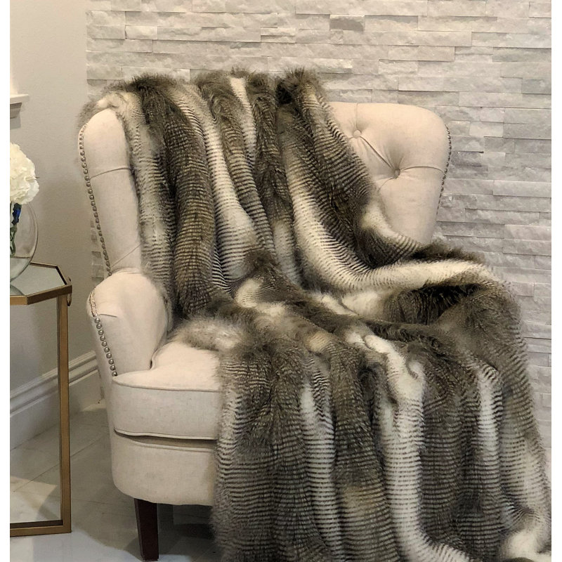 Luxurious Full Size Faux Fur Throw Blanket in White and Gray