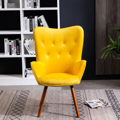 Fashionable Yellow Velvet Accent Chair With Button Back And Wood Elegant Solid Legs