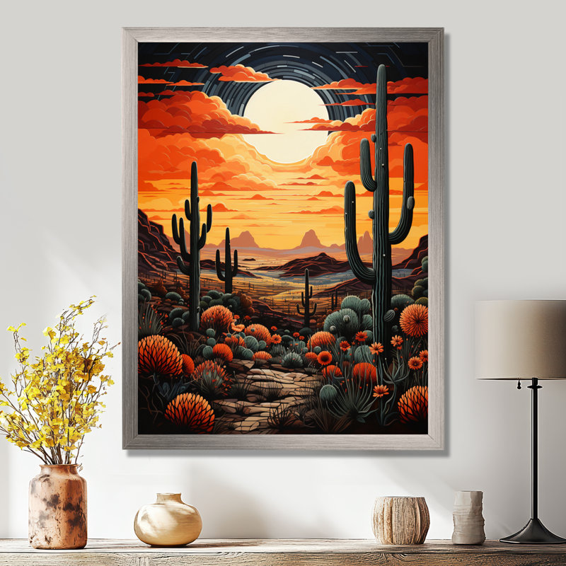 Ballyclare, orange, jaune, cactus, désert, coucher de soleil, Saguaro - Cactus, art mural encadré, H 32 po x l 24 po x P 1 po
