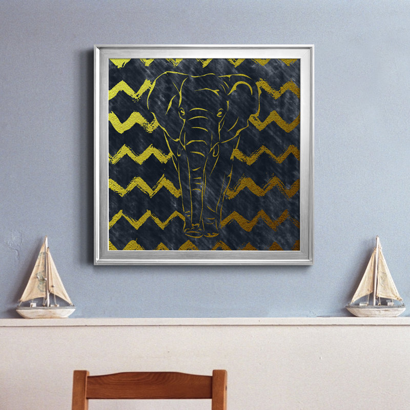 Éléphant brossé - Peinture sur toile encadrée, Encadrement argenté, H 22,5 po x l 22,5 po x P 1,5 po
