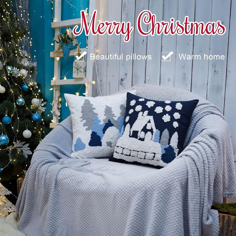Housses de coussin d'hiver - bleu et gris - arbre de Noël brodé, flocon de neige et motif de maison, jeté de style maison de campagne pour canapé ou lit
