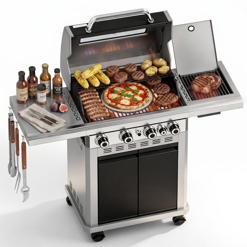Barbecue au gaz à 6 brûleurs avec brûleur latéral infrarouge, système de cuisson multi-surface et fenêtre de visualisation