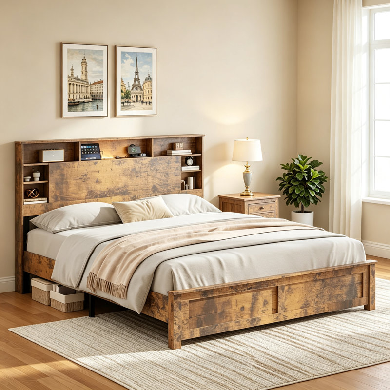 Base de lit double avec tête de lit, base de lit en bois avec station de charge et lumières DEL, Lit double