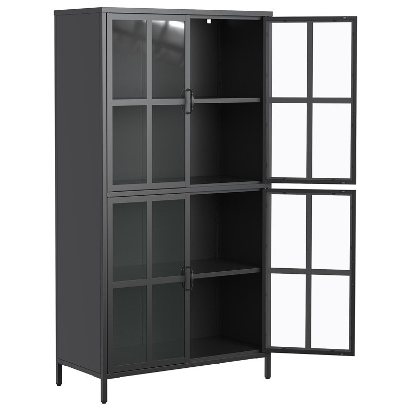 Premium Black Metal Storage Cabinet With Tempered Glass Doors, Adjustable Shelves, Anti-Tipping Device, Magnetic Silent Closure, And Adjustable Feet For Home And Office Use